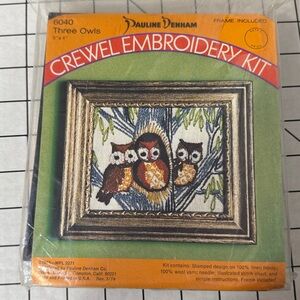 Vintage 1973 Pauline Denham Crewel Embroidery Kit – “Three Owls” 6040 – Sealed,